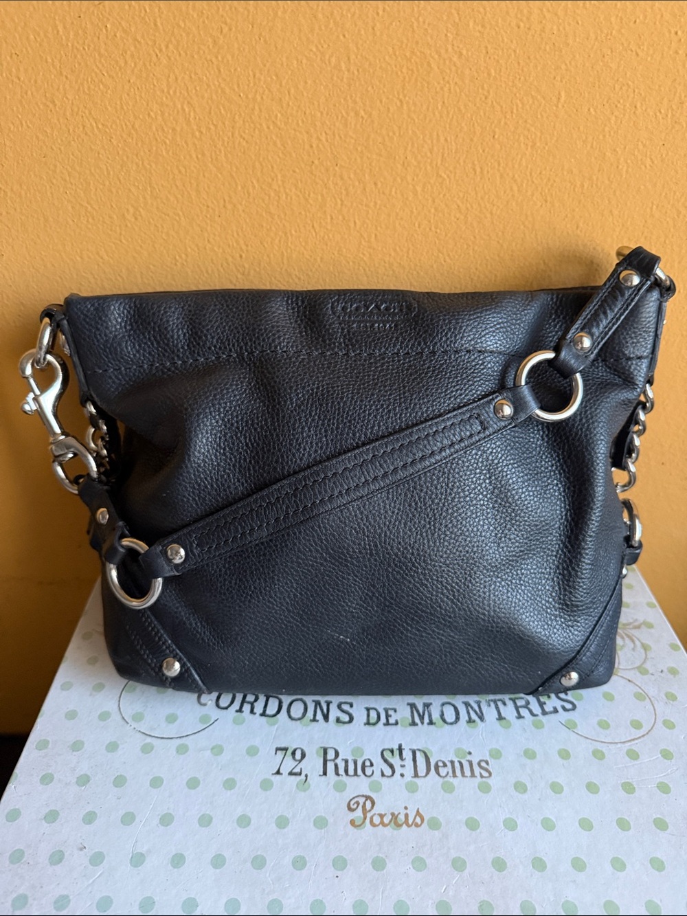 Vintage Coach Black Pebbled Leather Shoulder Bag with Silver Hardware
